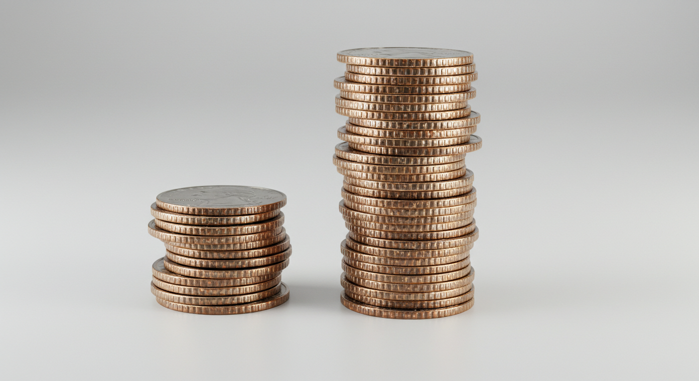Photo of two stacks of quarters. One stack is very short. The other stack if very tall.